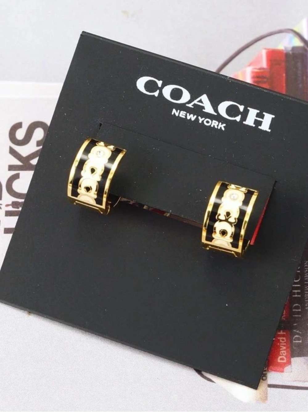 Coach Gold Hoop Huggie Earrings with Black and White Enamel